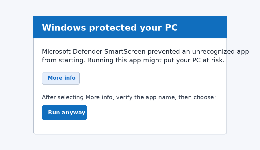 Example: Windows SmartScreen screen where More info may reveal the Run anyway option.